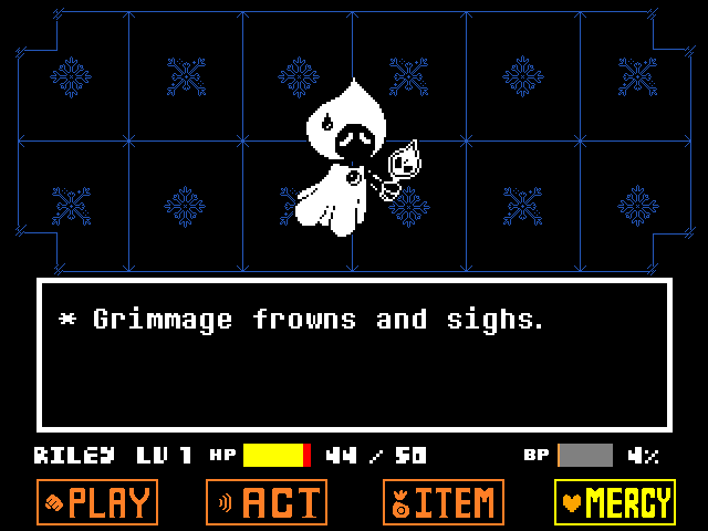 An attack from a monster named Grimmage. The battle box is split in two, with the SOUL on one side and its reflection on the other. Halfway through the attack, the two switch places.