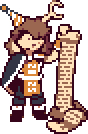 Luna reading a long paper scroll.