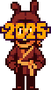 Riley wearing comically large New Year's glasses in the shape of the number 2025.