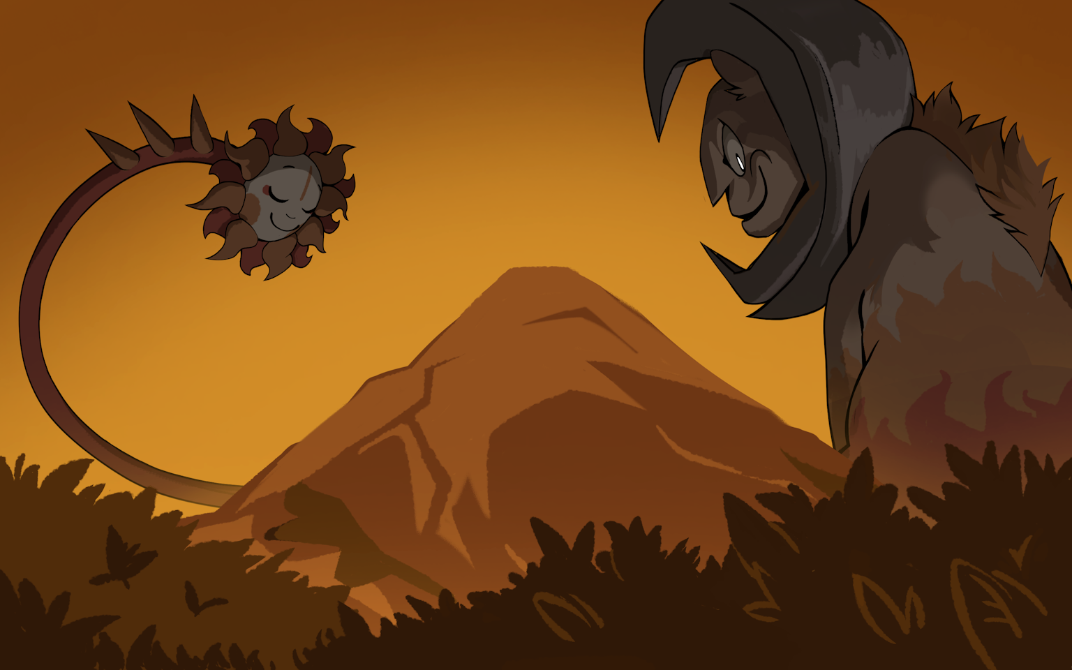 Mr. Sunshine standing menacingly above Mt. Ebott, as depicted in Undertale's intro scene.