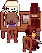 Luna typing on an old computer, while Riley writes in their journal on a chair off to the side.